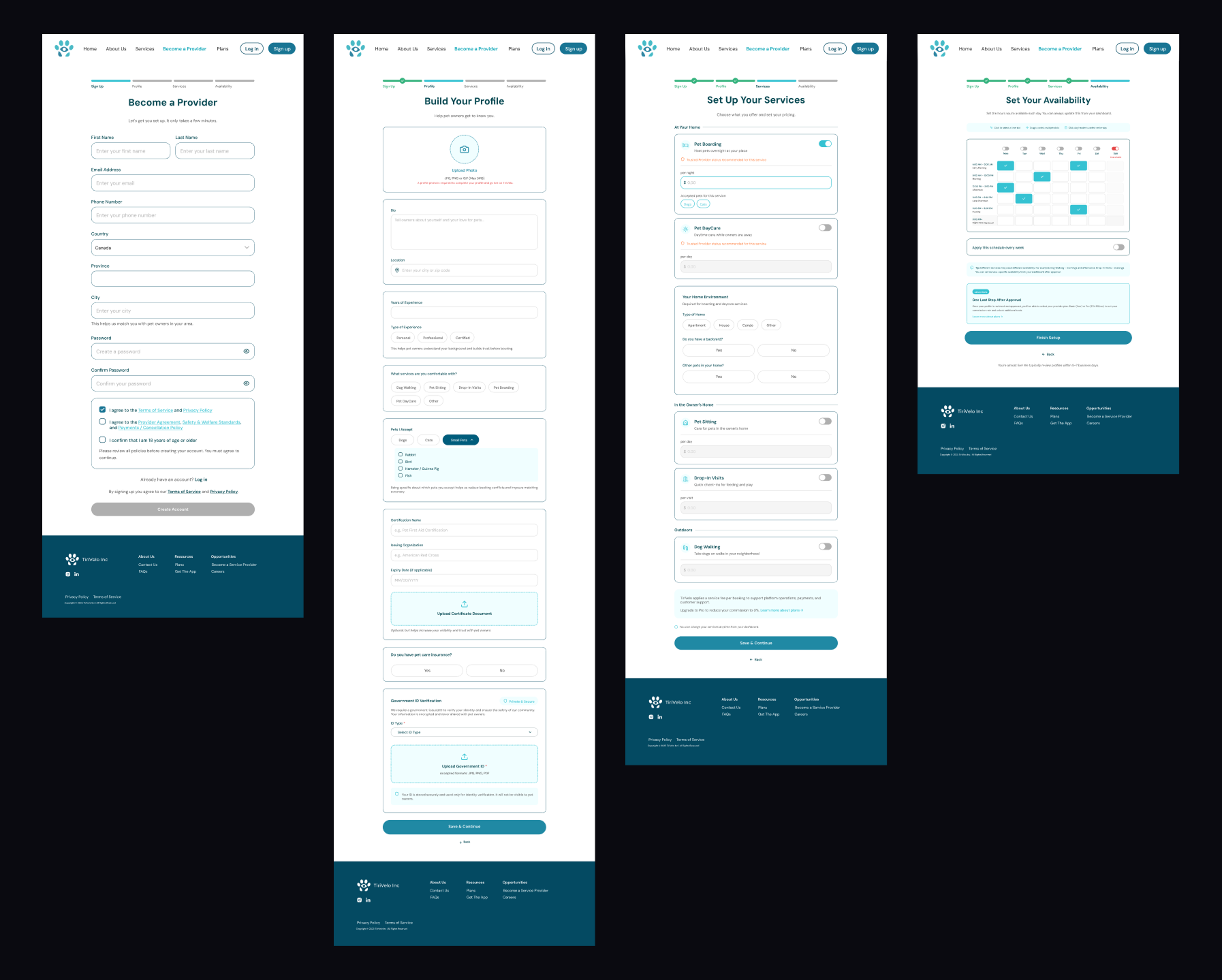 Provider onboarding flow: Sign Up, Build Your Profile, Set Up Your Services, Set Your Availability